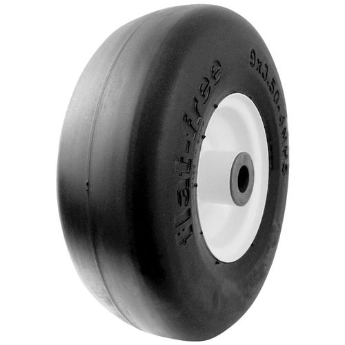 Carlisle Smooth Flat Free Solid 9-3.50-4, Centered Hub 4", OD 9.2", 3.3" Width Wheel/Tire Assembly Yard - Lawn Tire